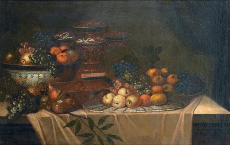 «Nature morte de fruits et confiseries sur un entablement de pierre» Huile sur toile (restaurations anciennes) 81 x 124 cm