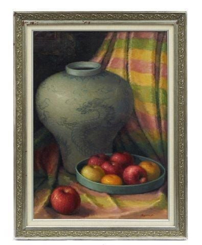 Nature morte peinte à l'huile figurant des pommes et un vase corée