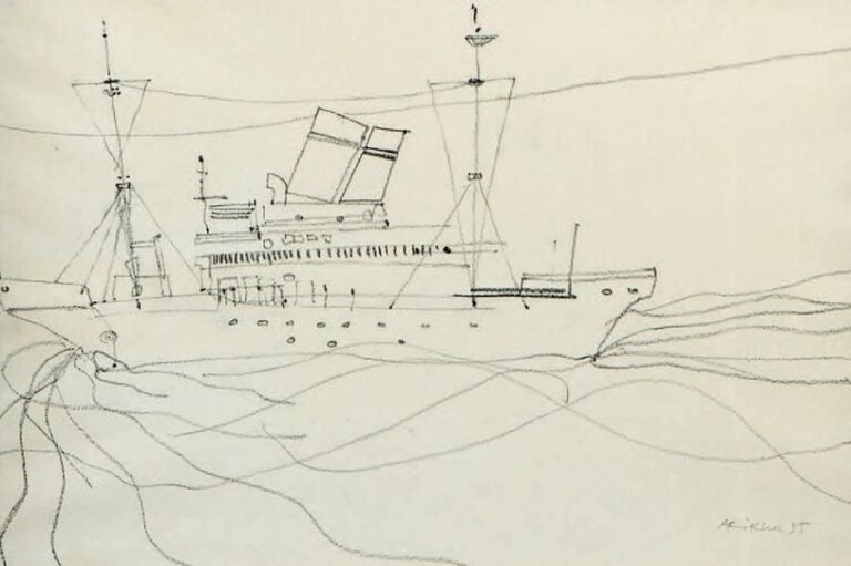 Navire, 1955 Crayon gras, signée et datée en bas à droite 30 x 44 cm (à vue) Pencil, signed lower right