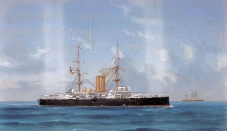 "Navire de guerre mixte anglais" Gouache aquarellée, signée en bas à droit