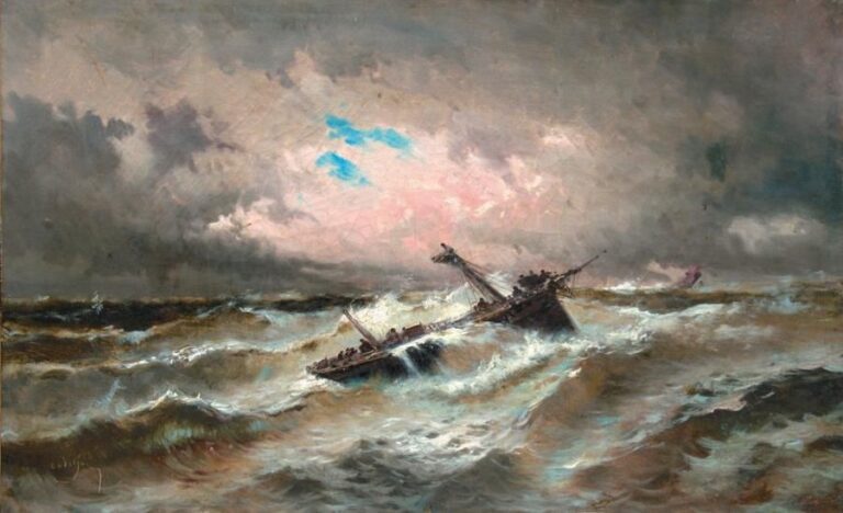 «Navire en difficulté dans la tempête» Huile sur toile signée en bas à gauch