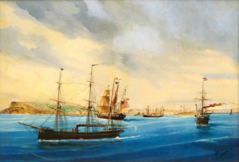Navire espagnol en rade du Havre Huile sur toile signée en bas à droit