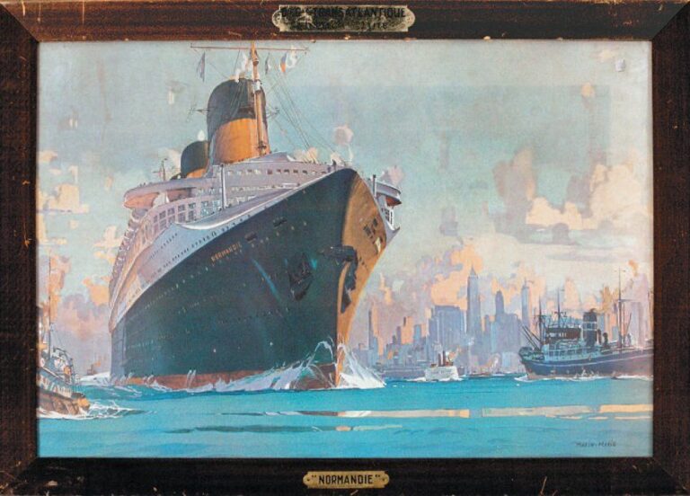 « NORMANDIE » 1935 « Le Normandie dans le port de New York » Affiche d'agence par MARIN MARI