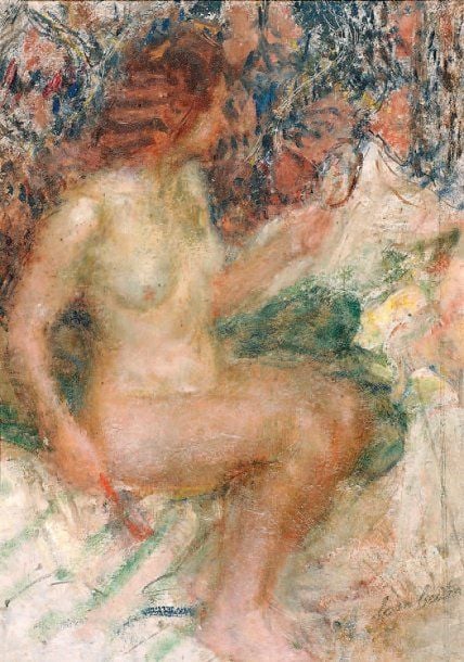 NU ASSIS DE PROFIL « BÉNÉDICTE » Huile sur carton, signée en bas à droite, datée mai 1916 et titrée au dos 41 x 29,5 cm