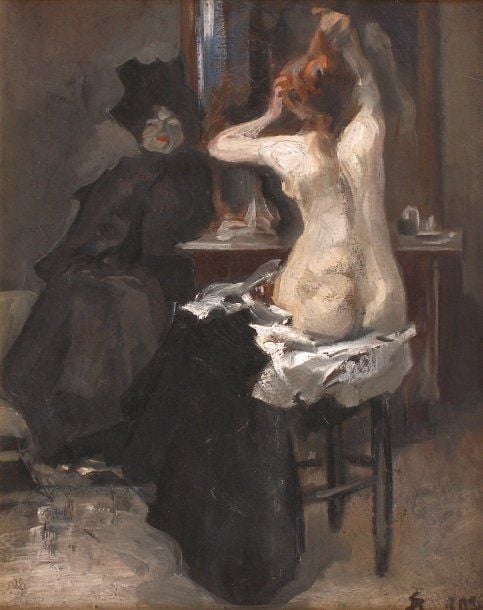 Nu au miroir Huile sur toile, monogrammée en bas à droite et datée 1903 40 x 32 cm (rentoilée) Vente du 28/11/1965 chez Me Blache, n°28 du catalogue