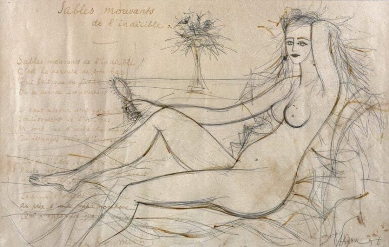 Nu au miroir Mine de plomb sur papier, signée en bas à droite et datée 56 Poème de Jean Rousselot «Sables mouvant