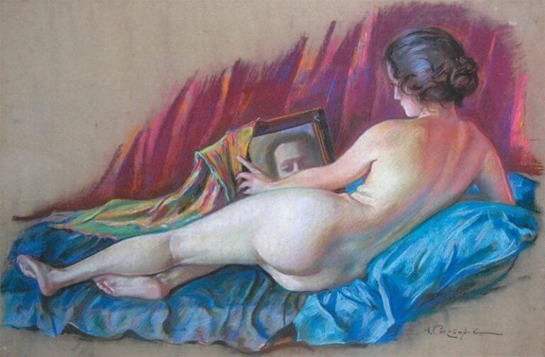 Nu au miroir Pastel Signé en cyrillique en bas à droite 63 x 93 c