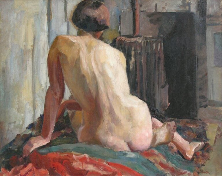 Nu dans un atelier Huile sur toile Signée en bas à droite 73,5 x 92,5 cm