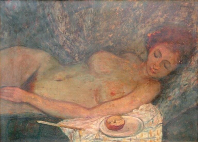 Nu dormant à la pomme Huile sur toile Signée en haut à droite 50 x 70 cm
