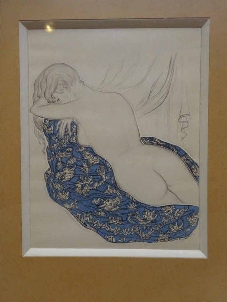 Nu féminin allongé Crayon encre et gouache sur papier Signé en bas à droite 26 5 x 20 5 vm (à vue)