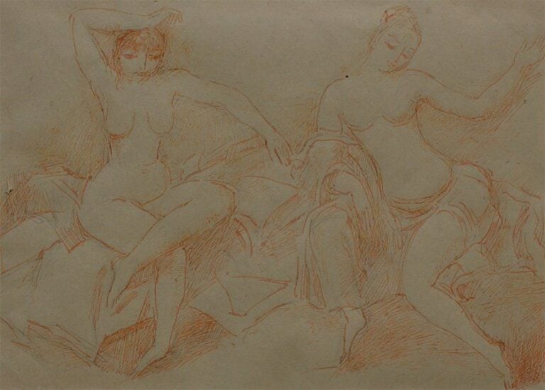 Nus assis (1978) Fusain et crayon couleur Signée en bas à droite 19 x 26 cm (à vue)