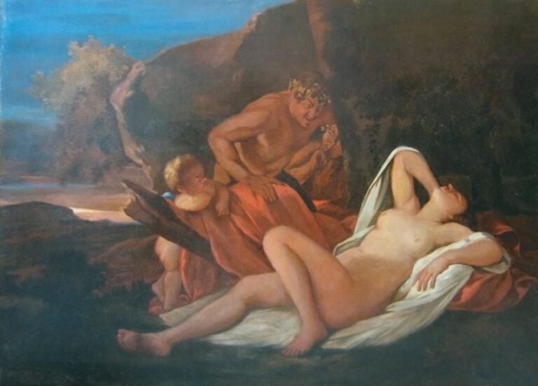 « Nymphe endormie » Huile sur toile (Importantes restaurations anciennes et usures) 68 x 94 cm Ce tableau présente une nymphe endormie, allongée sur un écrin de tissus rouges et blanc