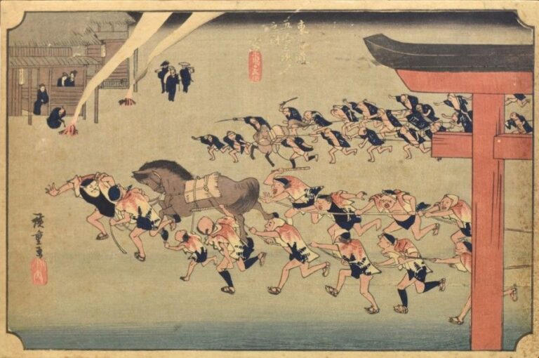 Oban yoko-e de la série «Tokaido gojusan tsugi no uchi» (littéralement "Les 53 stations du Tokaido"), planche 42, «Miya, atsuta shinji» (littéralement "La fête d'Atsuta"