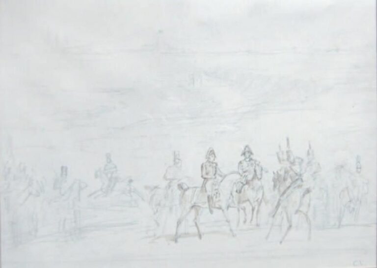 Officiers à cheval sur le champ de bataille Pierre noire et lavis bistre Monogrammé à la plume CV en bas à droite 24 x 33 cm
