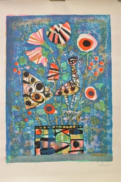 Oiseau et bouquet de fleurs Lithographie Justifiée Epreuve d'Artiste en bas à gauche Contresignée en bas à droite 61 x 44 cm