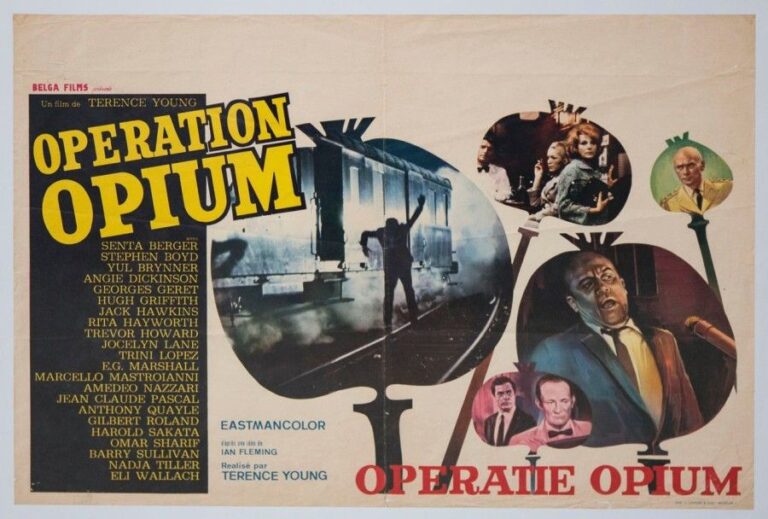 Opération Opium Affiche Belge d'Opération Opium 36 x 54 cm (Film réalisé à partir d'une idée de Ian Fleming, développée par Terence Young qui avait pu travailler avec de son vivant) Occasion avec plis - encadrée 1966 Belgique