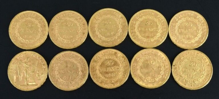 OR - 20 FRANCS "GENIE" (x10) Lot de dix pièces de 20 Francs en Or Génie Dates d'émission: 1887 (x1) - 1891 (x1) - 1893 (x1) - 1895 (x7) Pureté / Titre: 900/1000 Poids brut: 6,4