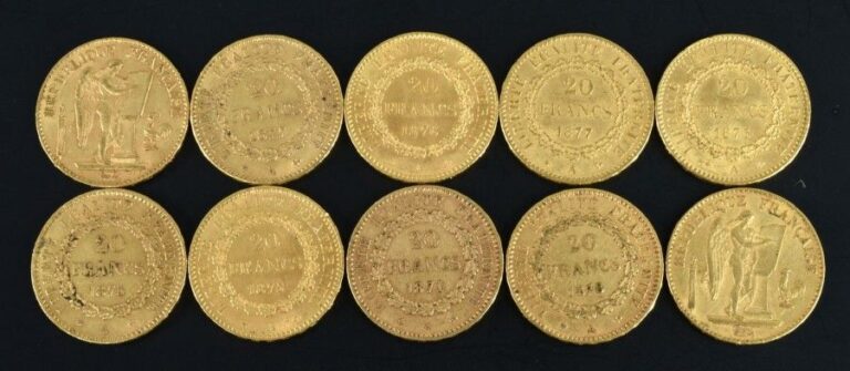 OR - 20 FRANCS "GENIE" (x10) Lot de dix pièces de 20 Francs en Or Génie Dates d'émission: 1871 (x1) - 1875 (x4) - 1876 (x2) - 1877 (x2) - 1878 (x1) Pureté / Titre: 900/1000 Poids brut: 6,4