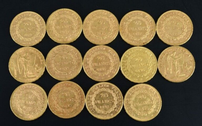OR - 20 FRANCS "GENIE" (x14) Lot de quatorze pièces de 20 Francs en Or Génie Dates d'émission: 1896 (x5) - 1897 (x7) - 1898 (x2) Pureté / Titre: 900/1000 Poids brut: 6,4