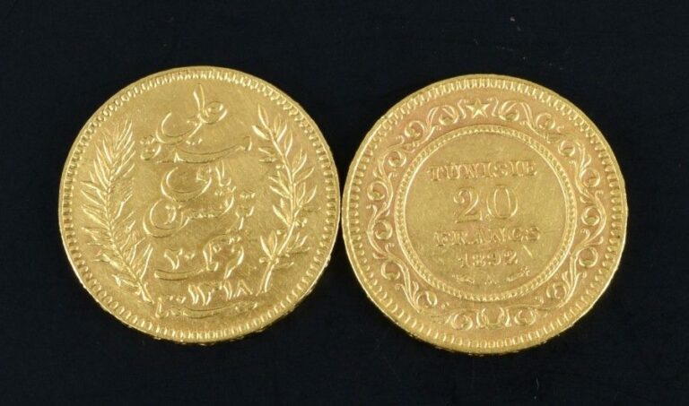 OR - 20 FRANCS TUNISIENS (x2) Lot comprenant deux pièces de vingt francs tunisiennes en or: Dates d'émission: 1892 (x1) - 1900 (x1) Atelier: A Poids brut: 6,4