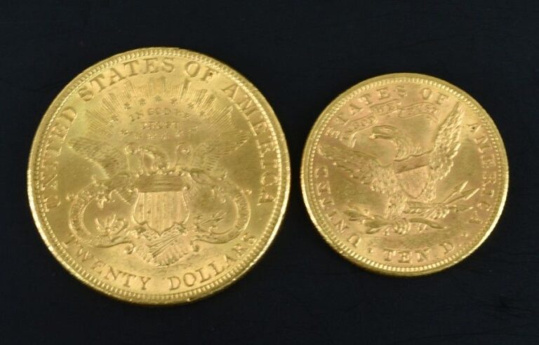 OR - LOT DE PIECES AMERICAINES - USA - ETATS-UNIS (x2) Lot comprenant deux pièces en or Américaines - Etats-Unis - USA: > 20 US Dollars Gold "Liberty" ("Liberté") et "Eagle" ("Aigle"), 1897, Titre: 900/1000, Poids brut: 33,4