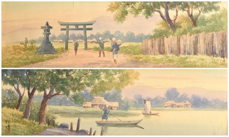 Paire d'aquarelles sur papier: > Le passage de la porte > Pêcheur sur la rivière Signées en bas à droite et à gauche respectivement 13,5 x 46,5 cm A FINE PAIR OF SIGNED JAPANESE WATERCOLORS ON PAPER Japan, early 20th century