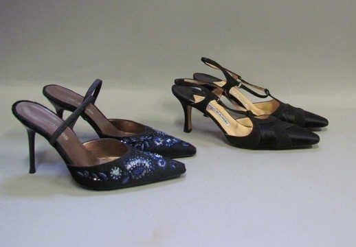 PAIRE d'ESCARPINS du soir à talons ouverts en satin et gros grain noir (P36) (très bon état