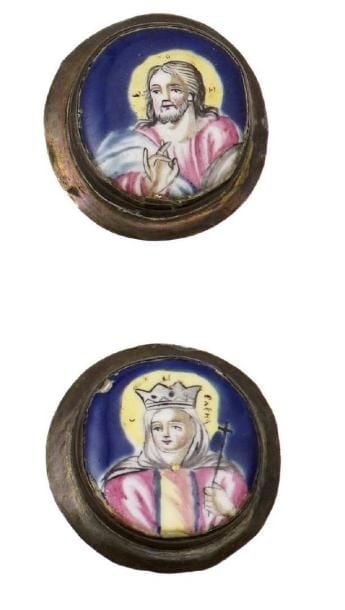 Paire d'icônes ovales miniatures de voyage peintes sur émail, représentant le Christ et Sainte Elena (Hélène) en bust