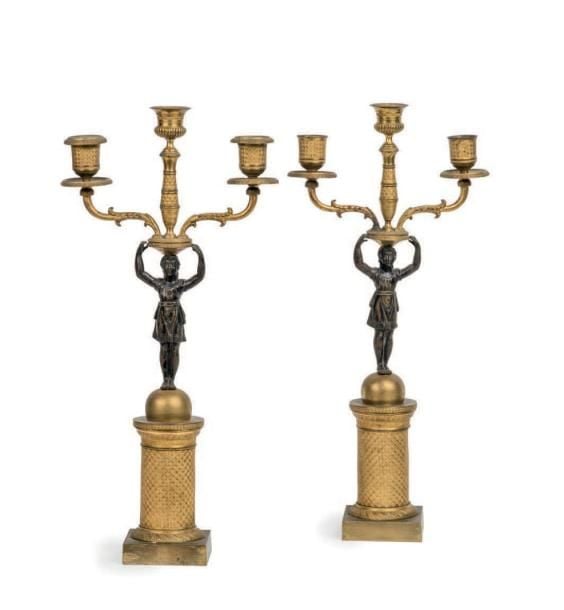 Paire de candélabres en bronze doré et patin