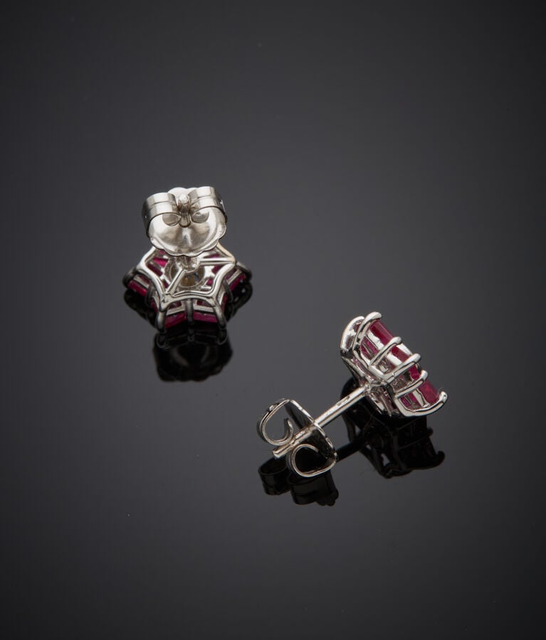 Paire de CLOUS d'OREILLES « fleurettes » en or gris (750‰) serti d'un diamant t…