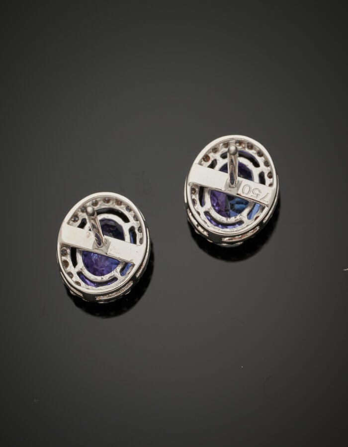 Paire de CLOUS d'OREILLES ovales en or gris (750‰) serti d'une tanzanite entour…