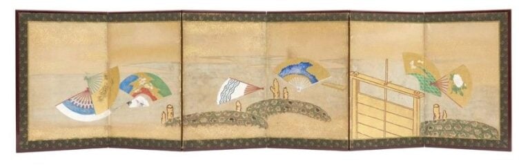 Paire de deux paravents (byobu) à six feuilles figurant une peinture polychrome anonym