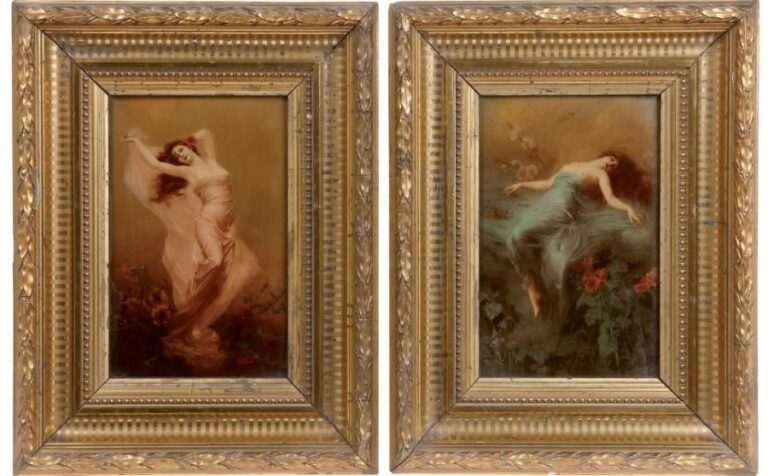 Paire de fixés sous verre Deux fixés sous verre représentant chacun une jeune femme rousse à la silhouette évanescente dans une nature luxuriant