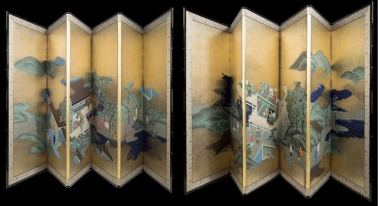 PAIRE DE PARAVENTS A SIX FEUILLES AUX SCENES DE COUR SUR UN FOND A LA FEUILLE D'OR, BYOBU Japon, Epoque XIXe siècle, Période Meiji 171 x 61 cm (dimensions de chaque feuille)  A PAIR OF SIX-LEAF/PANEL ROOM-DIVIDER/SCREEN ADORNED WITH VARIOUS COURT SCENES ON A GOLD-LEAF BACKGROUND, BYOBU Japan, 19th century, Meiji period