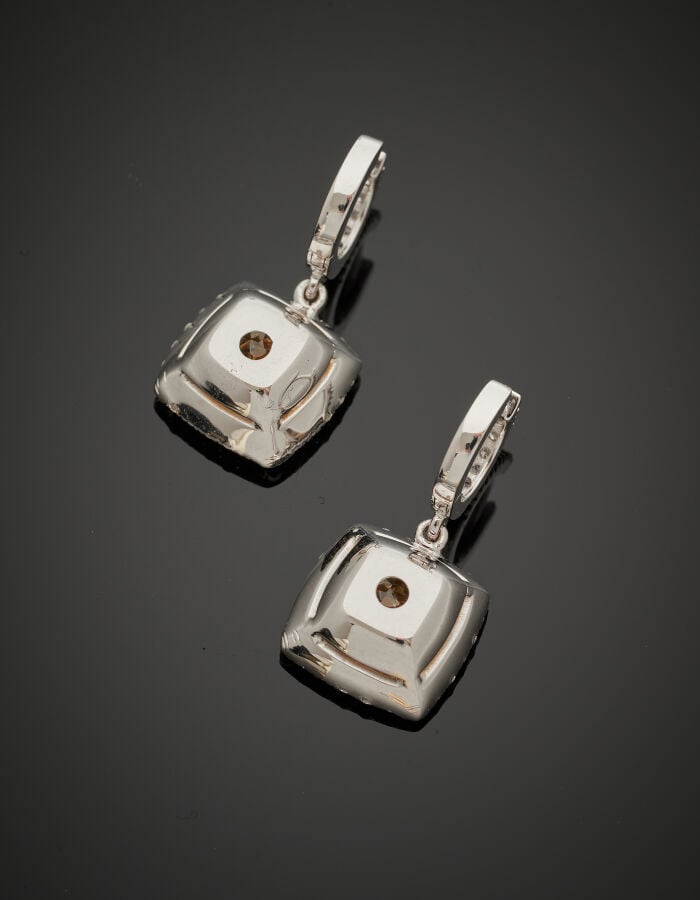 Paire de PENDANTS d'OREILLES en or jaune et or gris (750‰) serti respectivement…