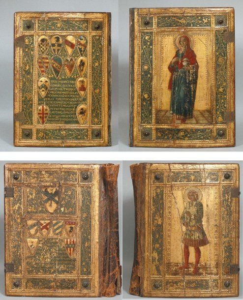 Paire de plats de reliures en doré et polychromé avec dos en cui