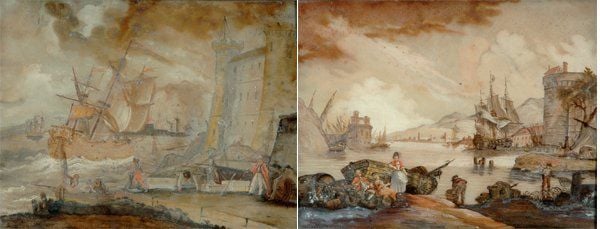 Paire de tableaux à décor en fixé sous verre de paysages maritime