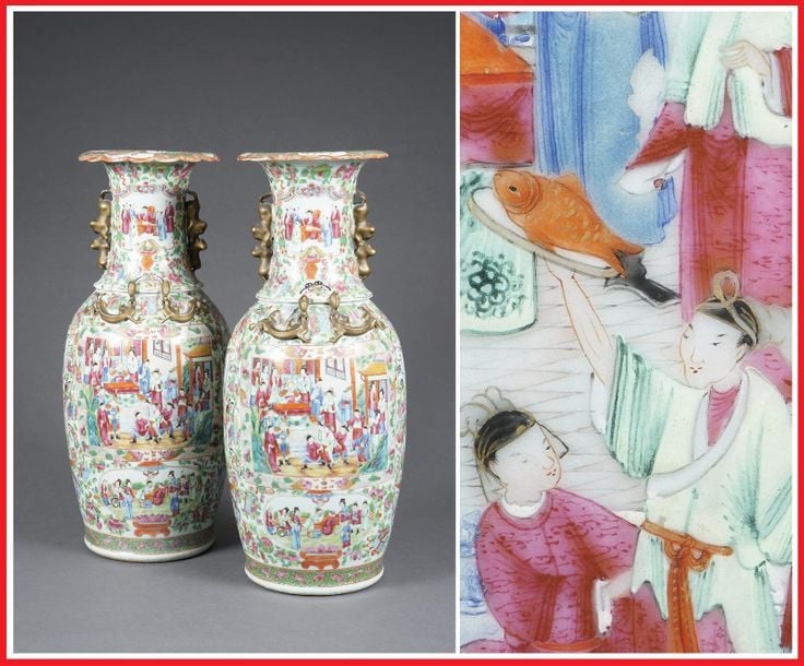 PAIRE DE VASES DITS QUEUE DE PHENIX EN PORCELAINE DE CANTON, FENGWEIZUN