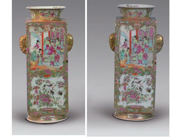 Paire de vases quadrangulaires, en forme de cong, en porcelaine et émaux polychromes de Canton, à décor de scènes de palais et motifs floraux, des têtes d'éléphant en relief formant anse