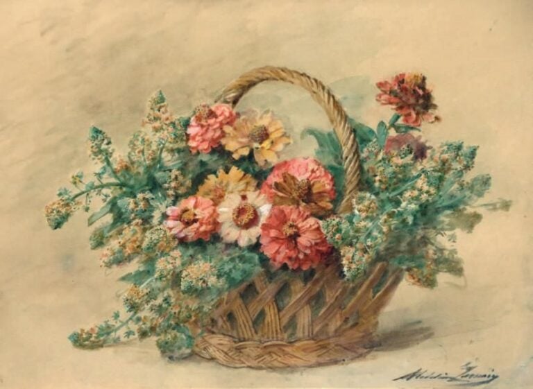 «PANIER FLEURI» Aquarelle, signée en bas à droite 37,5 x 50 cm