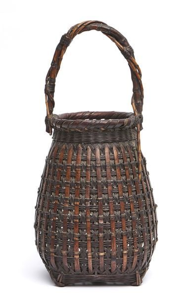 Panier pour arrangement de fleurs Ikebana rond sur quatre pieds, avec une poignée fixe en bambo