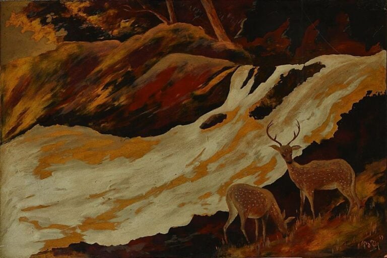 PANNEAU DE BOIS LAQUE AUX CERVIDES