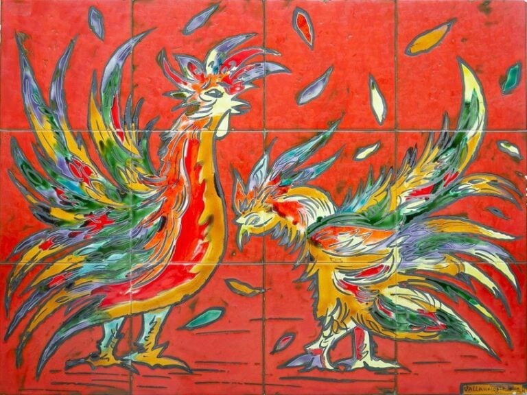 PANNEAU DE CERAMIQUE A DECOR EMAILLE D’UN COMBAT DE COQ