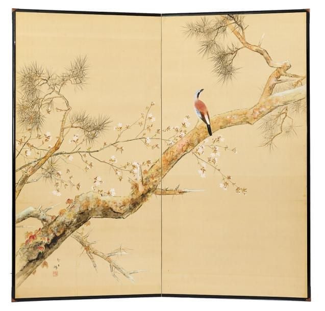 Paravent à deux feuilles byobu avec une peinture figurant un oiseau perché sur la branche d'un cerisier en fleur