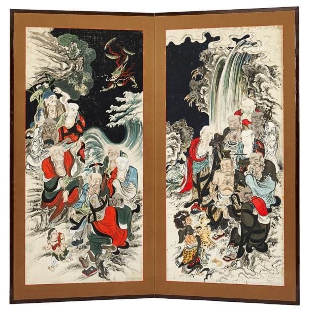 Paravent à deux feuilles byobu figurant deux peintures anonymes confectionnées à l'encre de couleur bleue, verte et roug