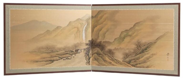 Paravent à deux feuilles (byobu) figurant la peinture d'une cascade exécutée par Goto Hosen (ac