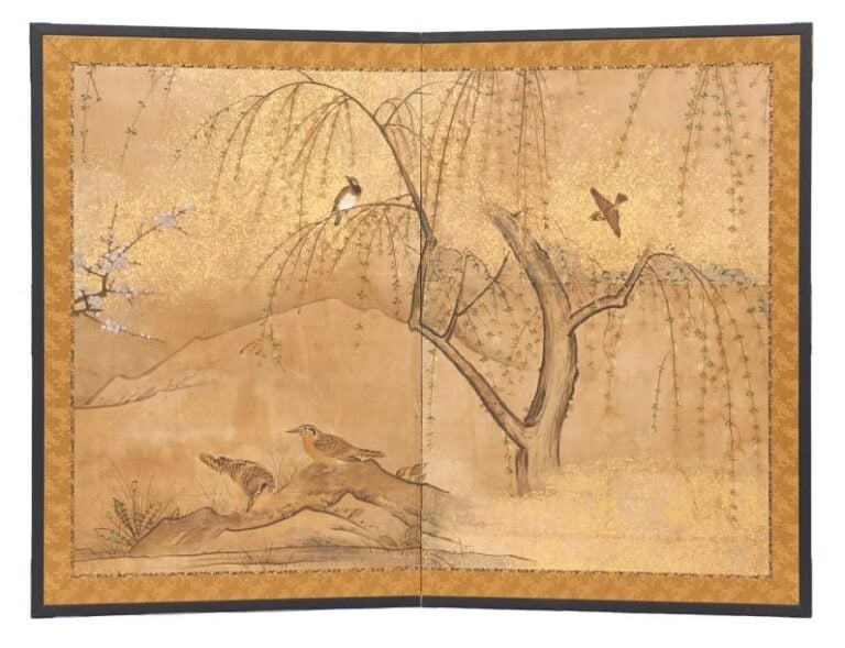 Paravent à deux feuilles byobu garni d'une peinture anonyme figurant des oiseaux dans un saule pleureu