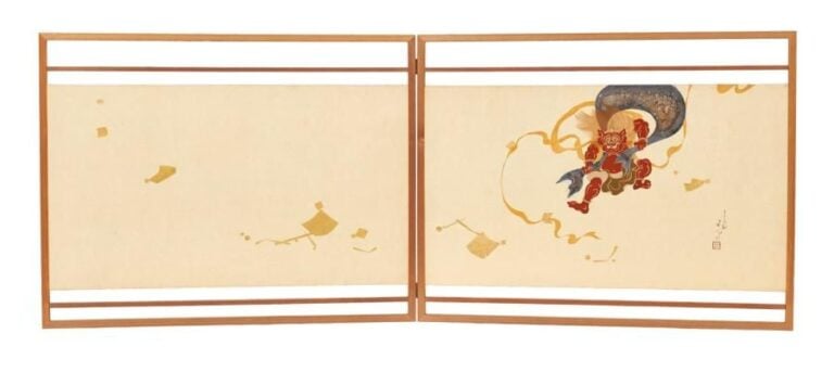Paravent à deux feuilles byobu garni d'une peinture en laque maki-e figurant, dans des teintes rouges, la divinité du vent Fûji