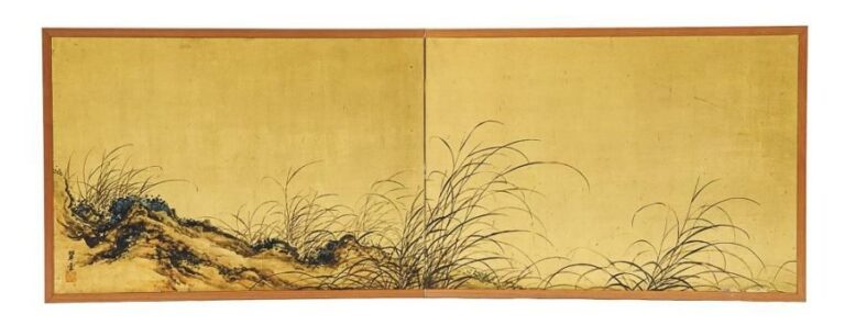 Paravent à deux feuilles byobu remonté d'une peinture figurant des herbes susuki en automne, avec quelques touches de couleur sur un fond de feuilles d'o