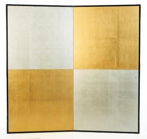 Paravent à deux panneaux (byobu) garni de feuilles d'or et d'argent arrangées en motif de damie